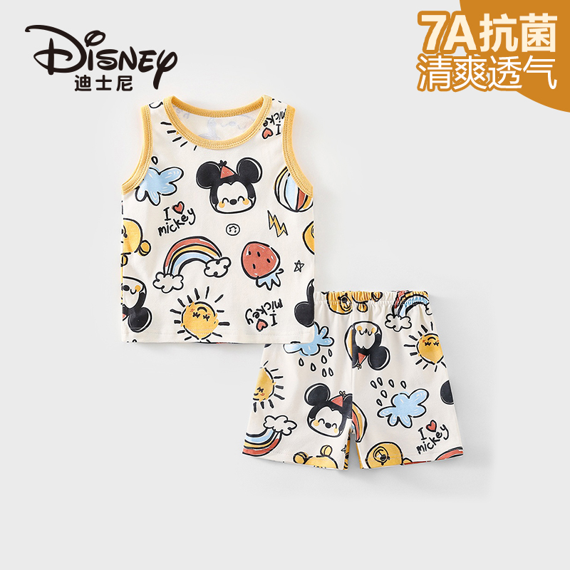Disney/迪士尼宝宝夏季衣服纯棉无袖背心套装轻薄透气婴儿家居服