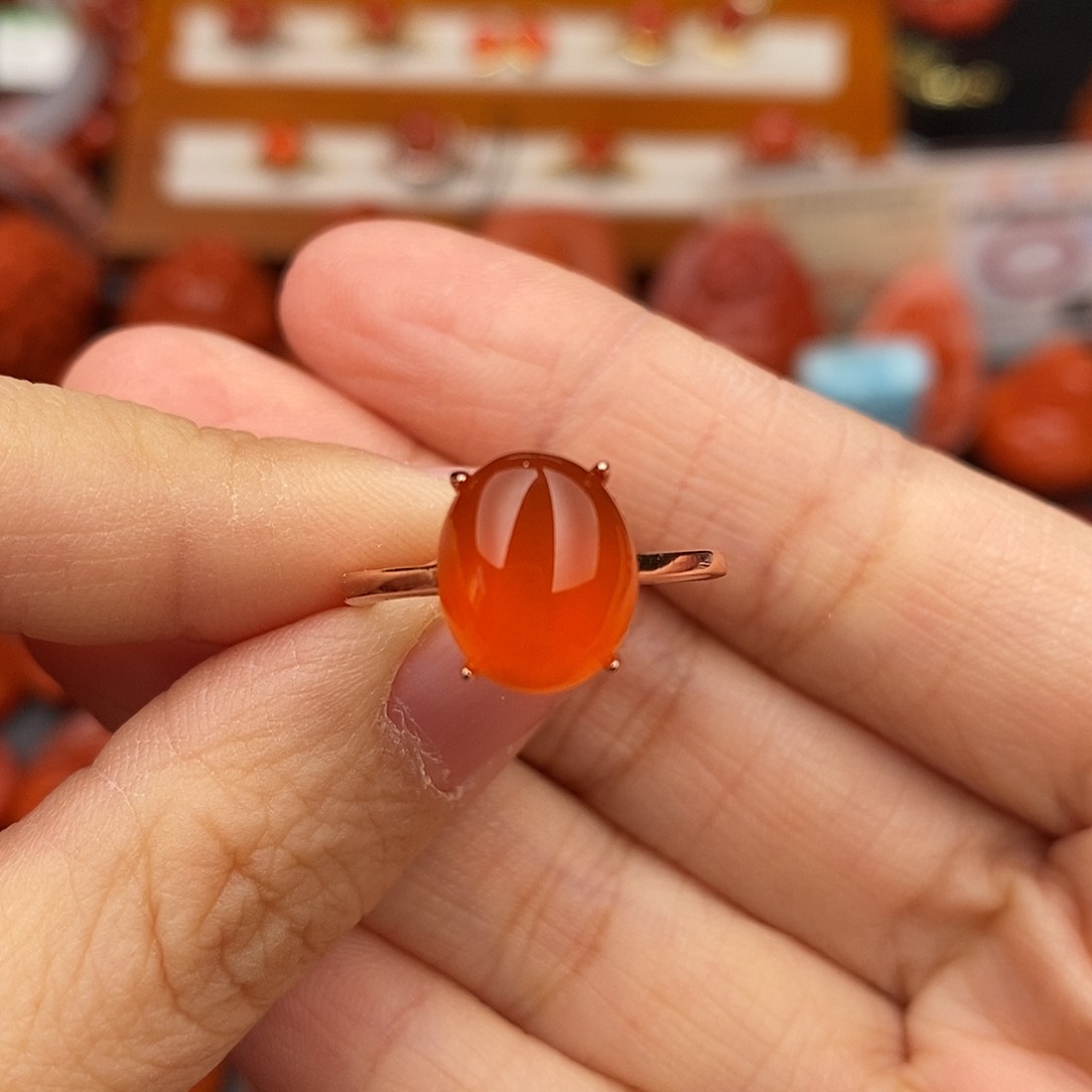 南红玛瑙云南保山冰红戒指银S925镶嵌