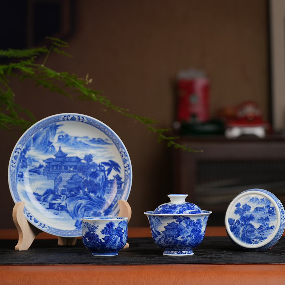 青花山水楼阁青蓝逸景盖碗套装170cc手工纯手绘茶器茶具