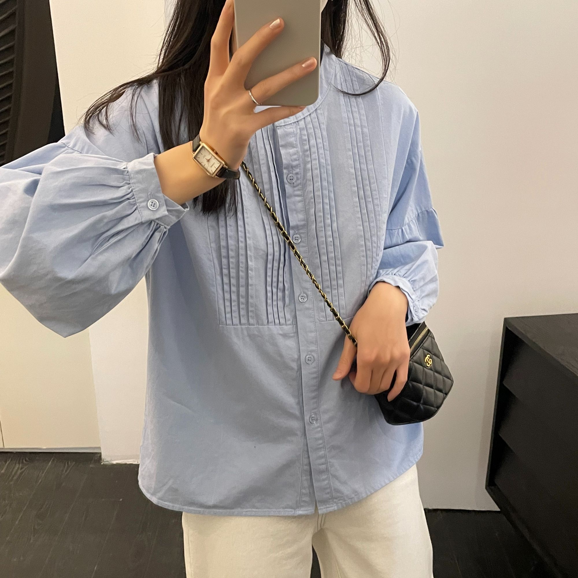 「设计感 风琴皱褶」法式小立领灯笼袖衬衫女春季宽松显瘦衬衣S037