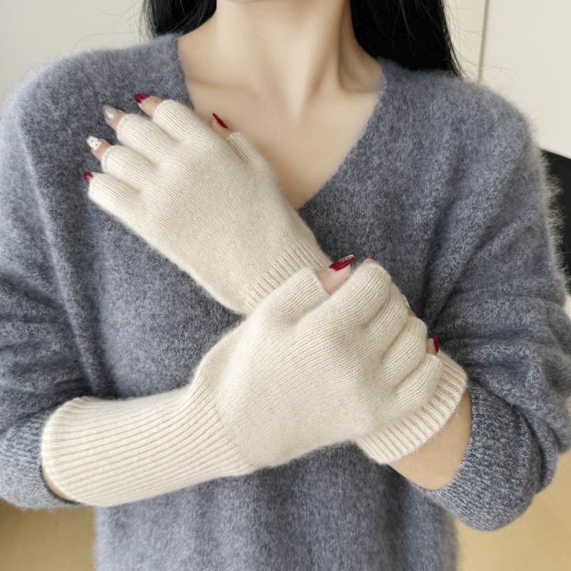 山羊绒加长护腕露指手套保暖半指手臂套手袖S21