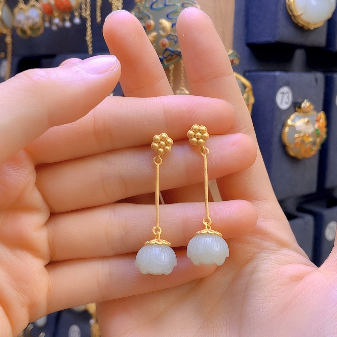 和田玉耳饰银S925镀金镶嵌