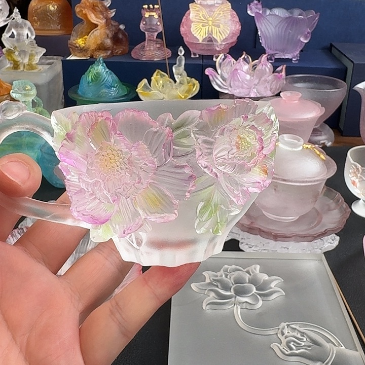 我**院牡丹咖啡杯 古法琉璃