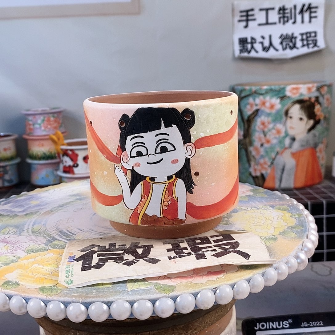 紫砂花盆红陶手绘花盆