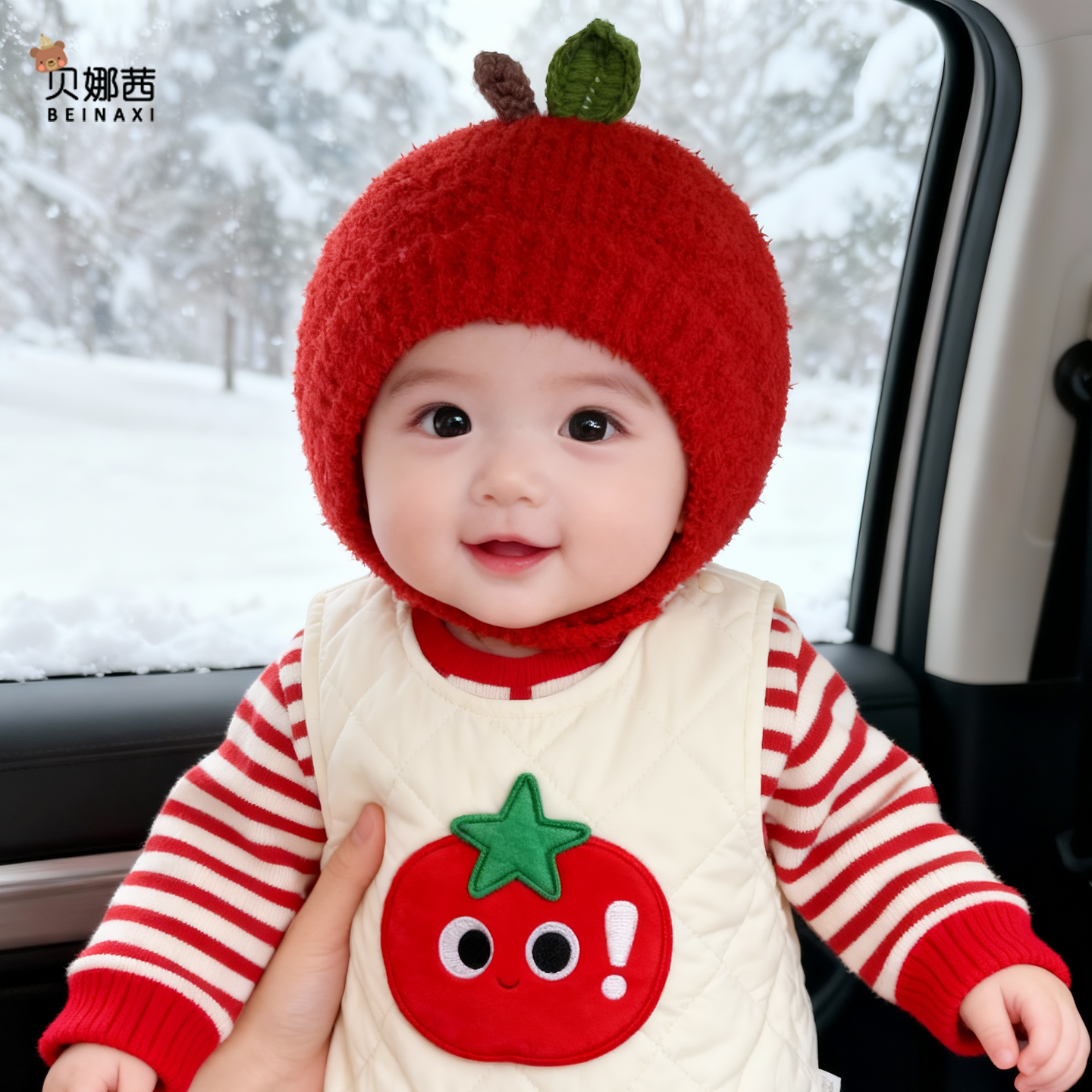 Beinaqian/贝娜茜苹果帽婴儿帽子秋冬宝宝红色过年儿童针织护耳帽