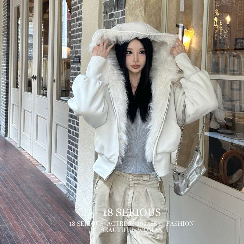 加厚版白色毛领短款棉袄外套女秋冬季慵懒宽松保暖棉服卫衣