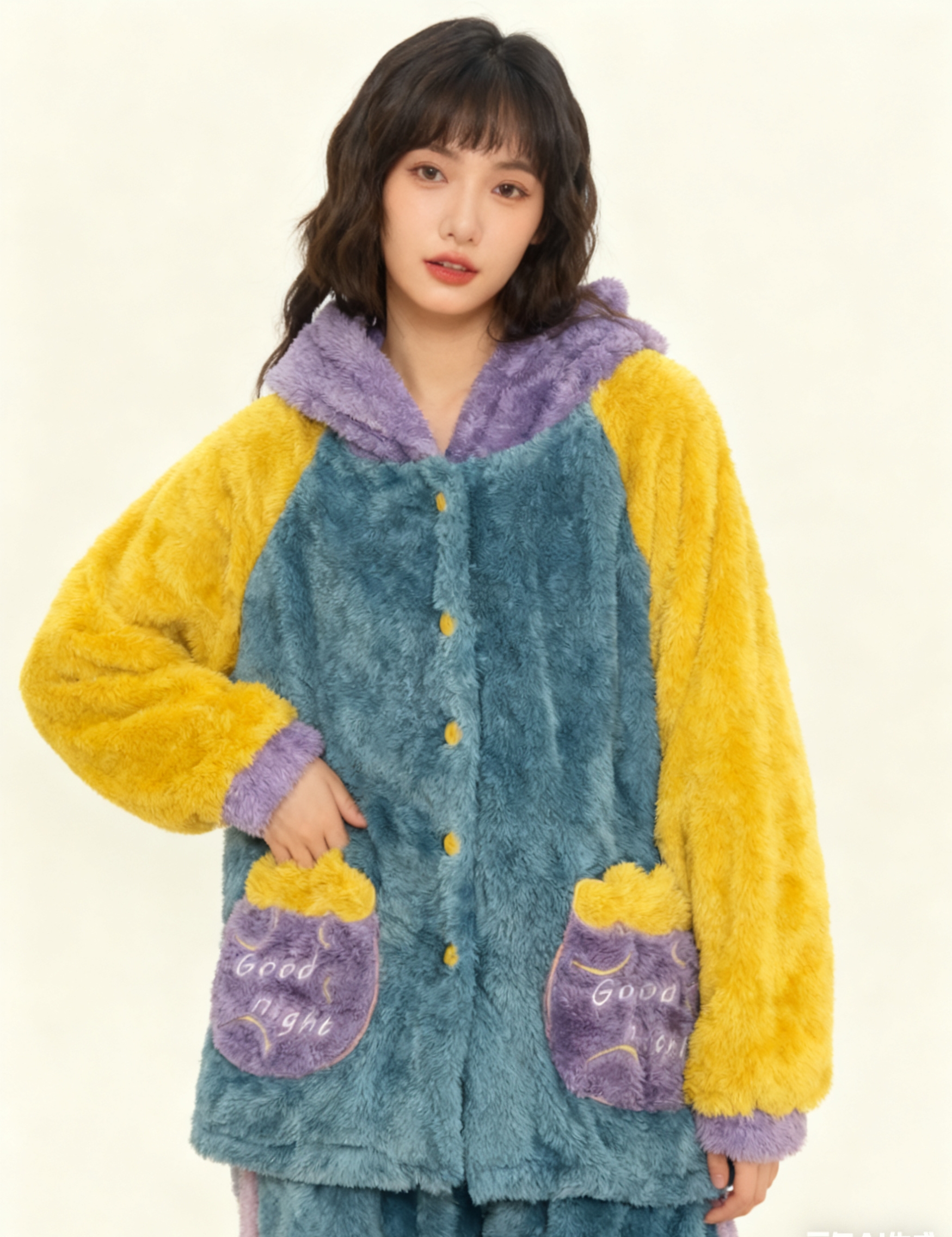 冬季加绒加厚珊瑚绒睡衣保暖家居服蓝拼紫拼黄