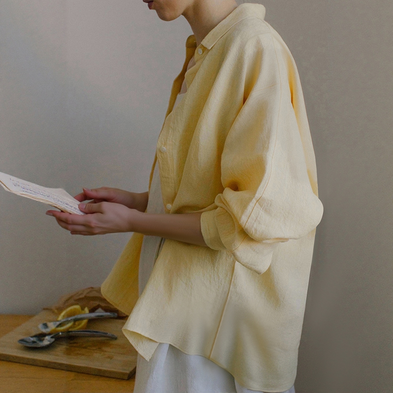文艺复古浅黄色棉麻衬衫女春秋款宽松慵懒风长袖休闲透气亚麻衬衣