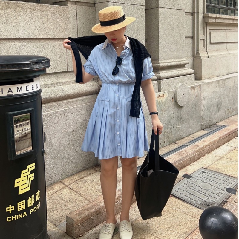 【惠姐私服】｛微醺的街角｝法式设计感条纹衬衫显瘦连衣裙 82122