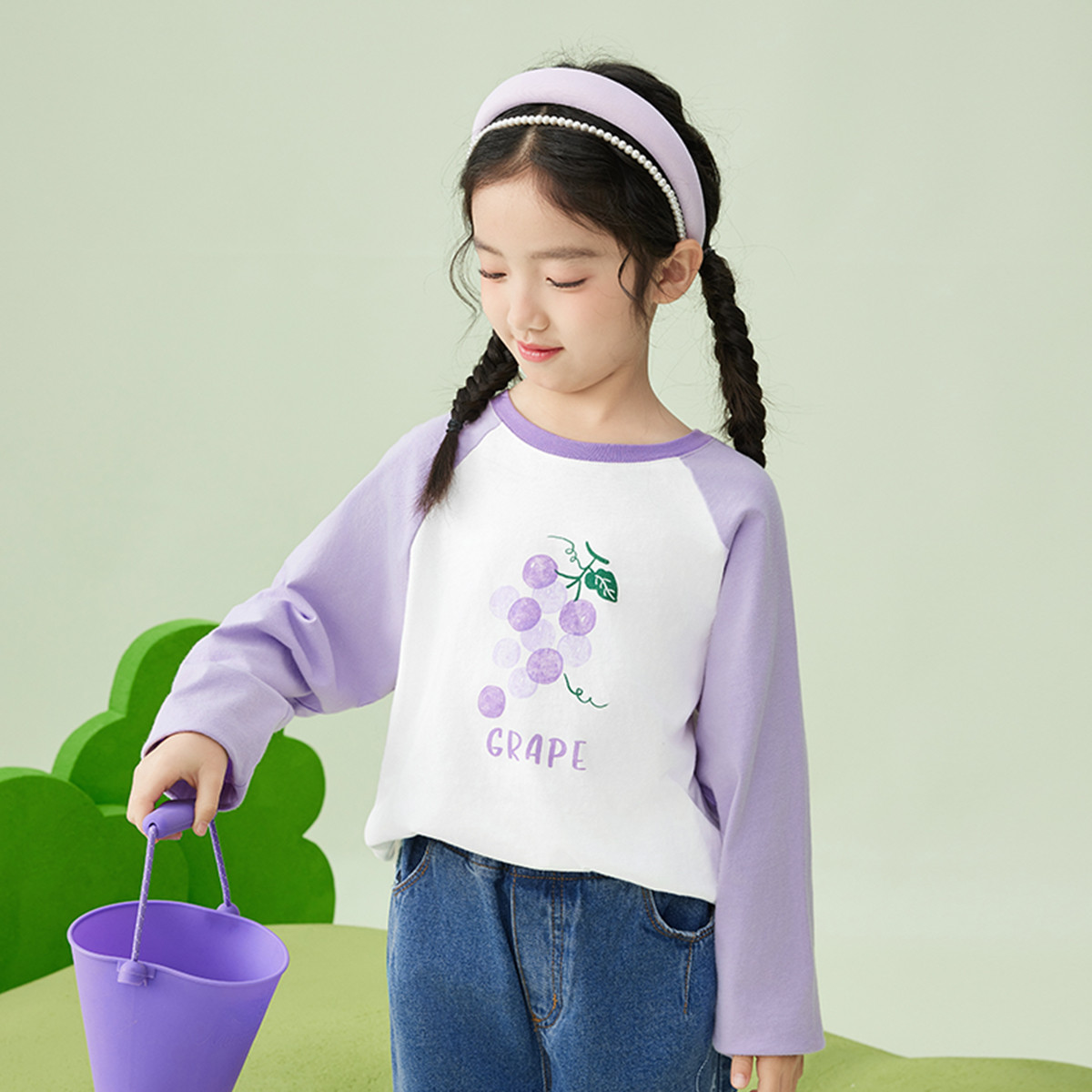 小茵曼女童T恤长袖春秋儿童纯棉插肩袖森系宝宝打底衫3833006