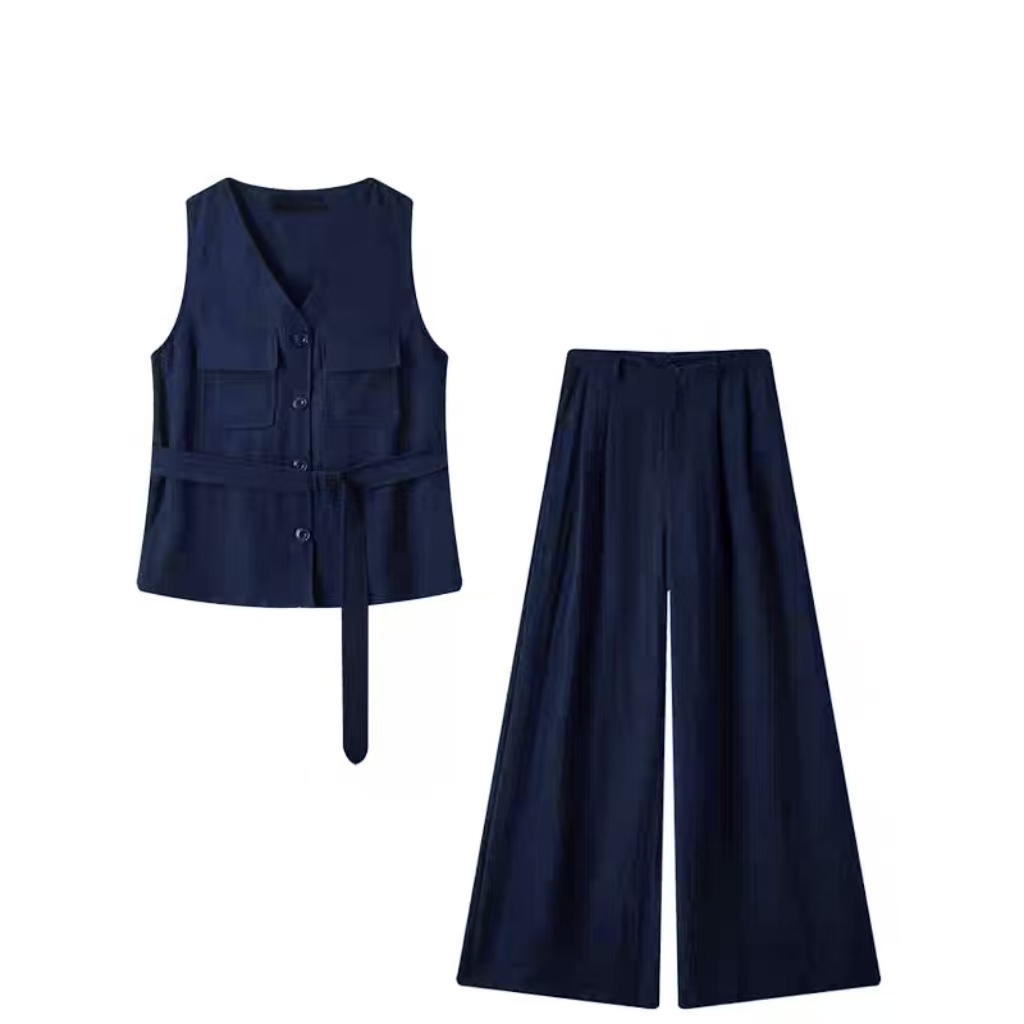 KK 2563韩系无袖V领系带工装马甲阔腿裤两件套