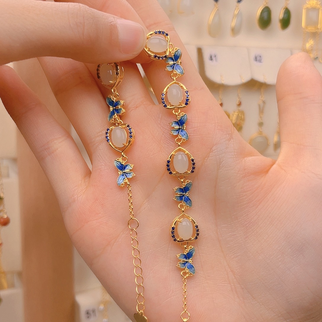 和田玉手链银S925镀金镶嵌