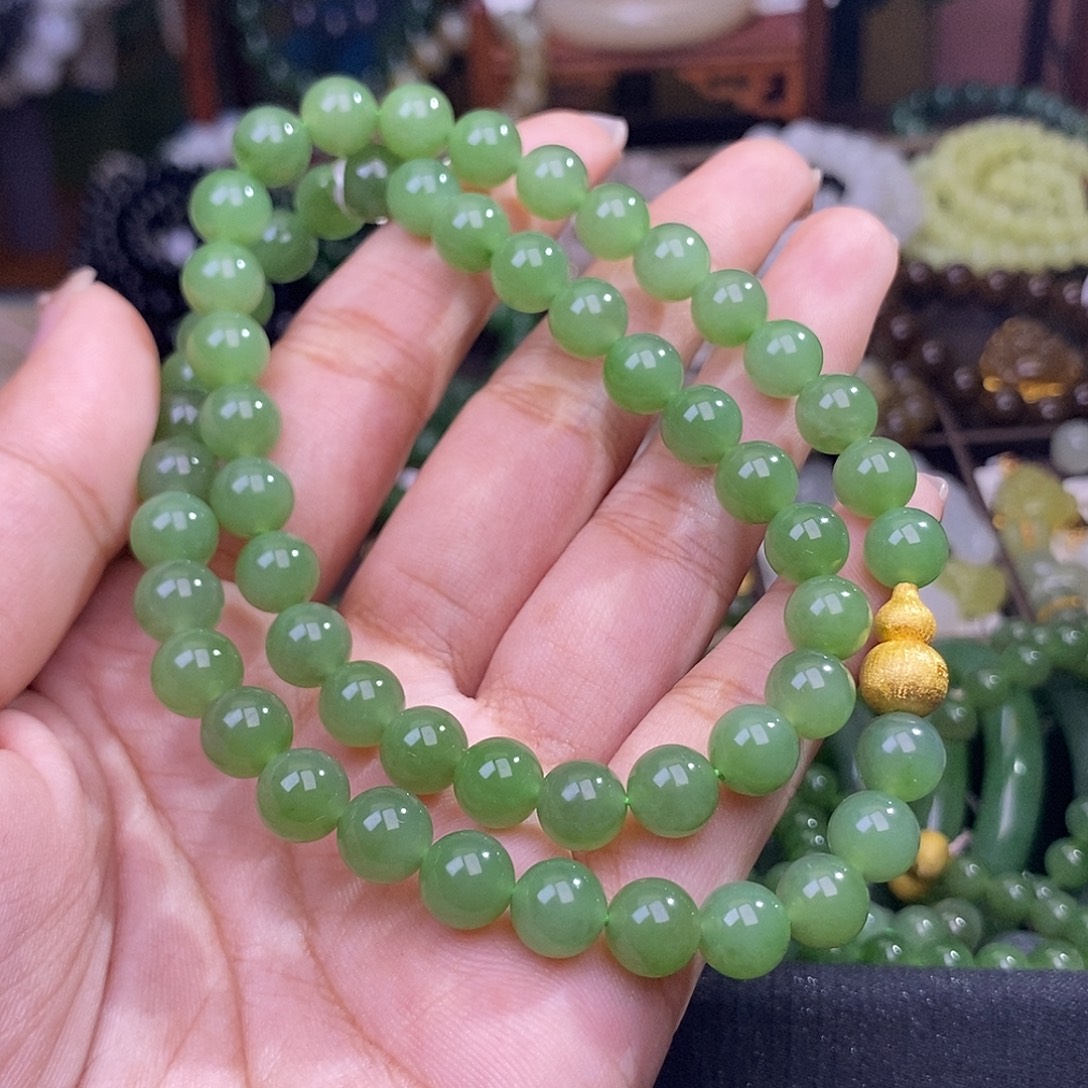 心***任和田玉未镶嵌颈饰碧玉果绿老矿料乌兰海项链8mm