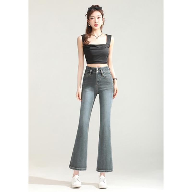 工厂原创两粒扣高腰九分微喇牛仔女裤立体压花薄款复古小个子661