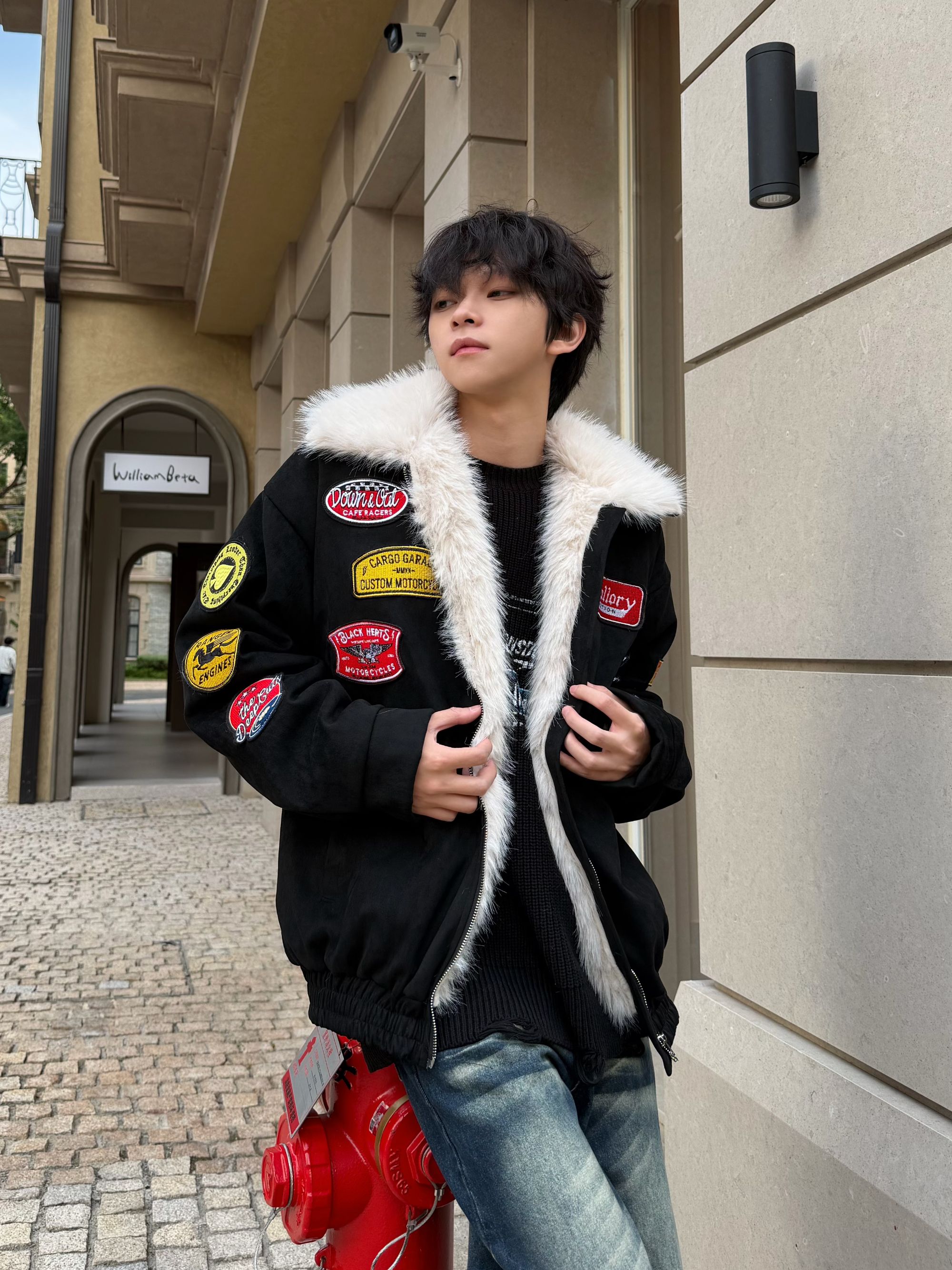 行星世界 设计感刺绣棉服2025冬季新款休闲羊羔绒毛领棉衣外套