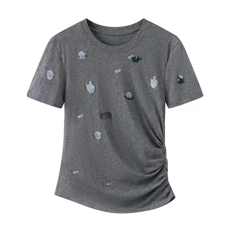 夏季新款简约时尚气质百搭休闲重工刺绣花朵短袖T恤