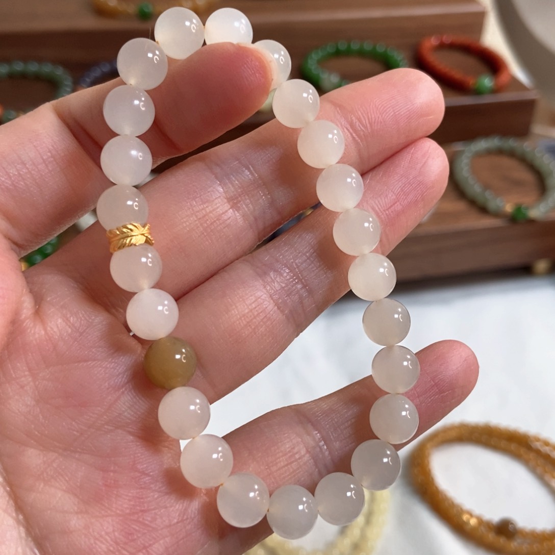 和田玉手链银S925镶嵌蜂蜜水8mm高冰