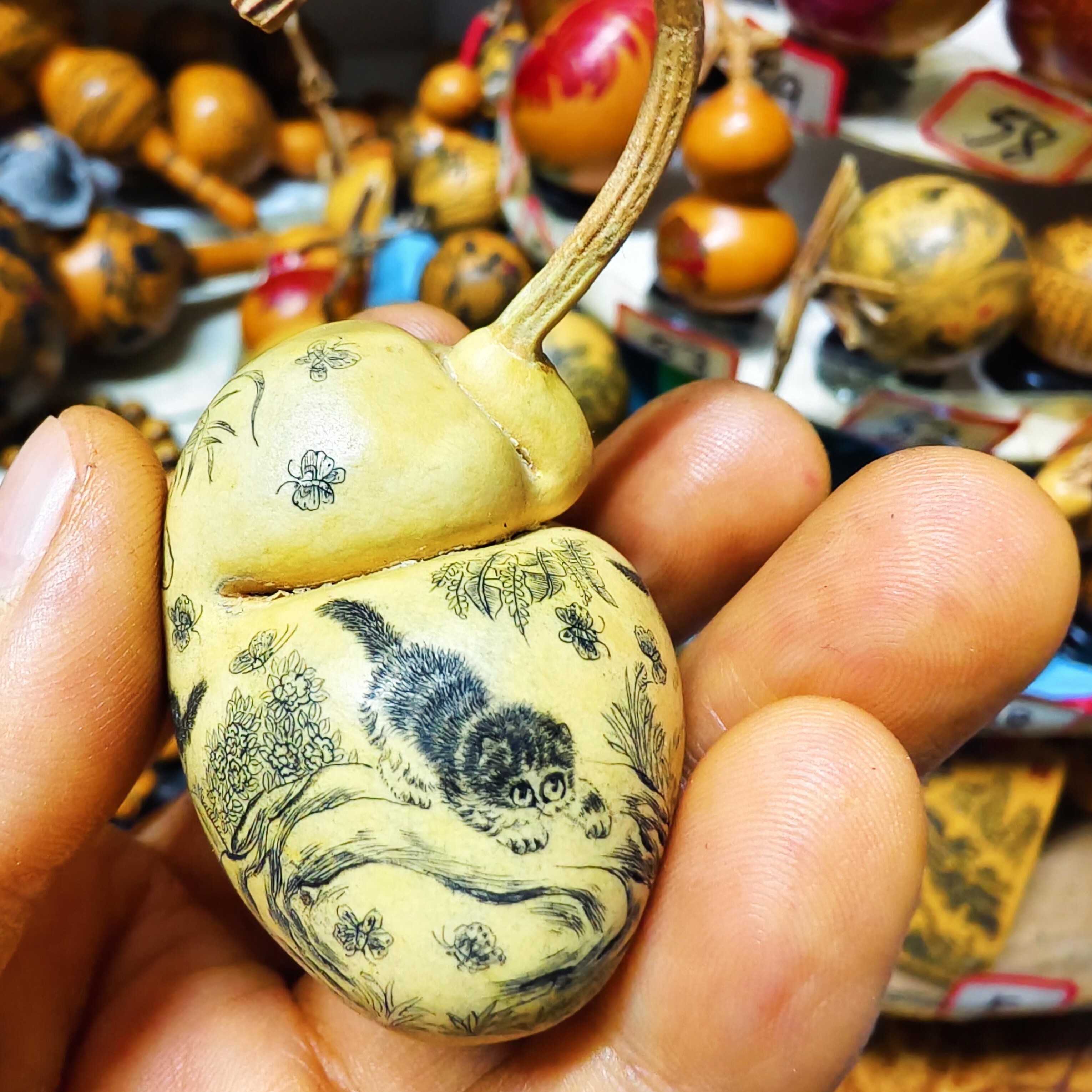 雅青阁葫芦手工针刺微雕墨刻钱袋异性葫芦文玩把玩葫芦手把小葫芦