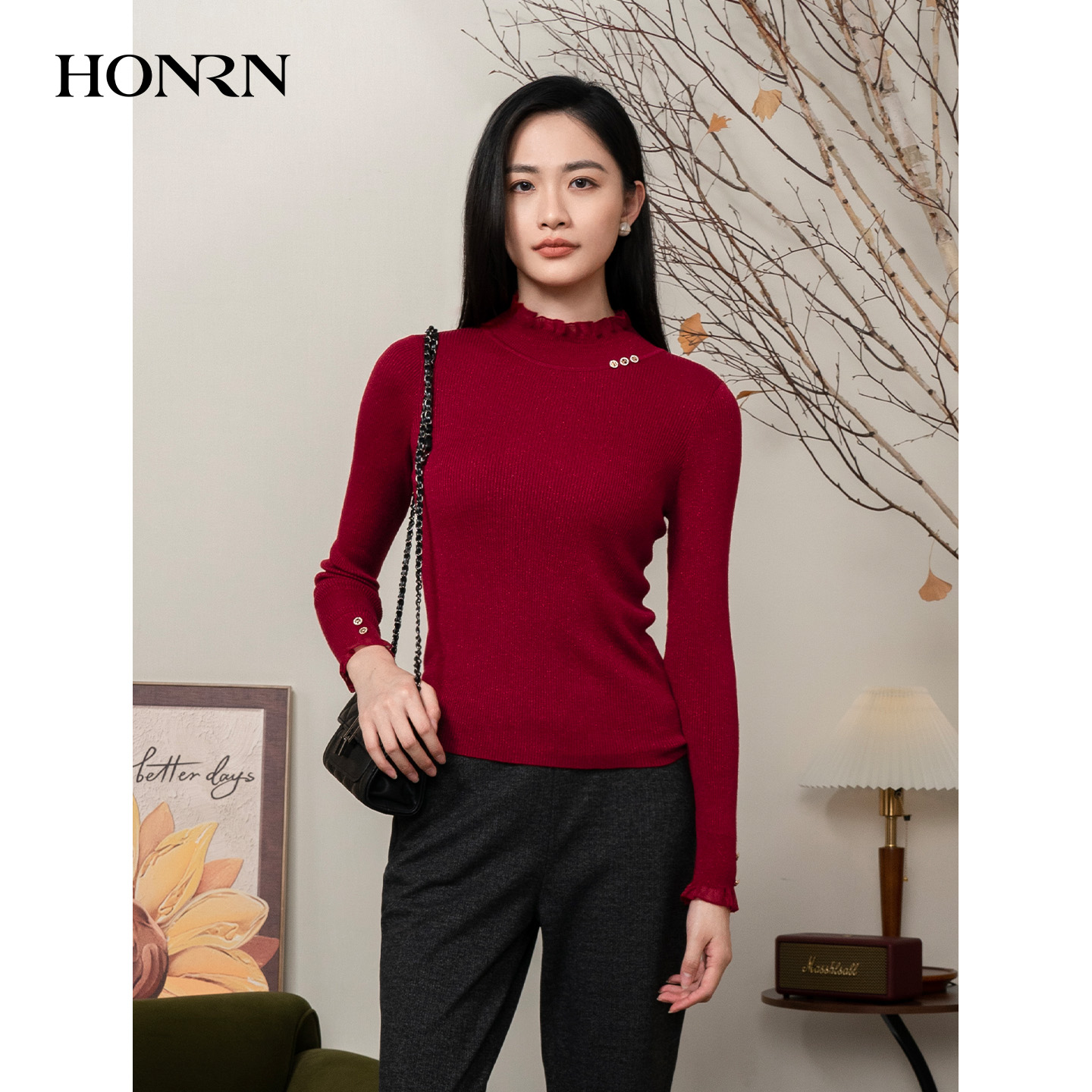 HONRN/红人修身显瘦半高领羊毛衣混纺针织衫上衣女秋冬HI55OM647