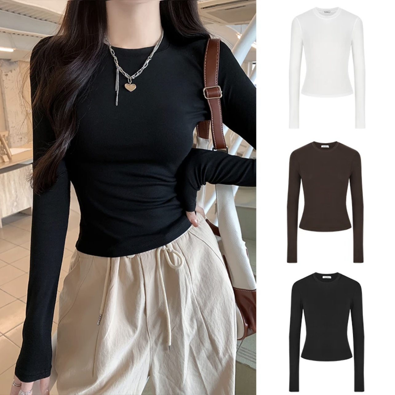 【现货+运费险】正肩长袖T恤女秋冬高弹圆领上衣女