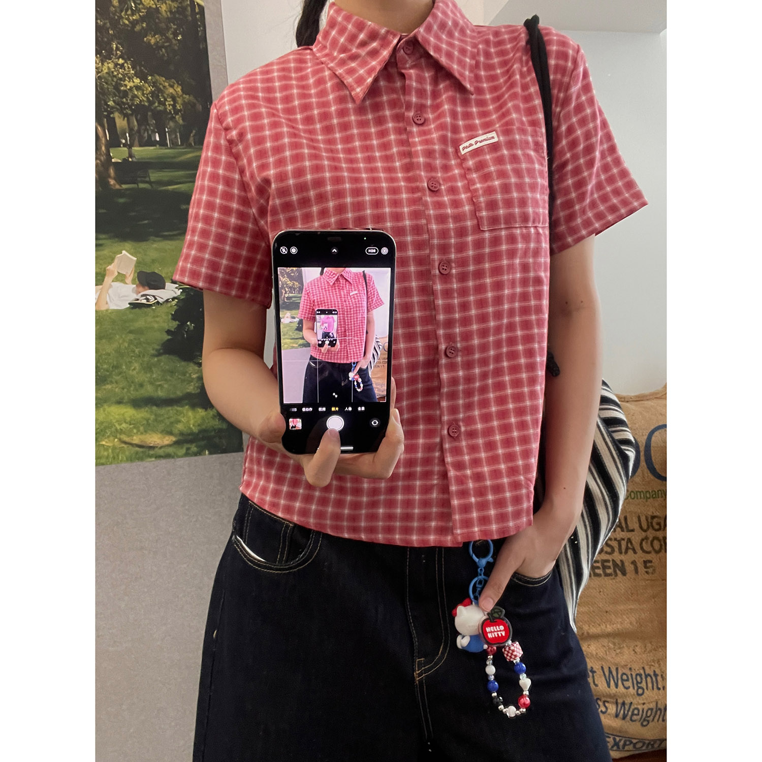 19studio WAYNEPRINCE美式POLO领格子衬衫女夏季新款休闲百搭短袖