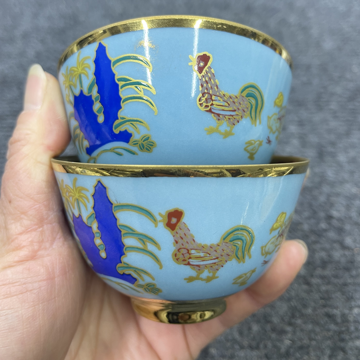 天蓝釉金包瓷鸡缸杯压手杯口杯