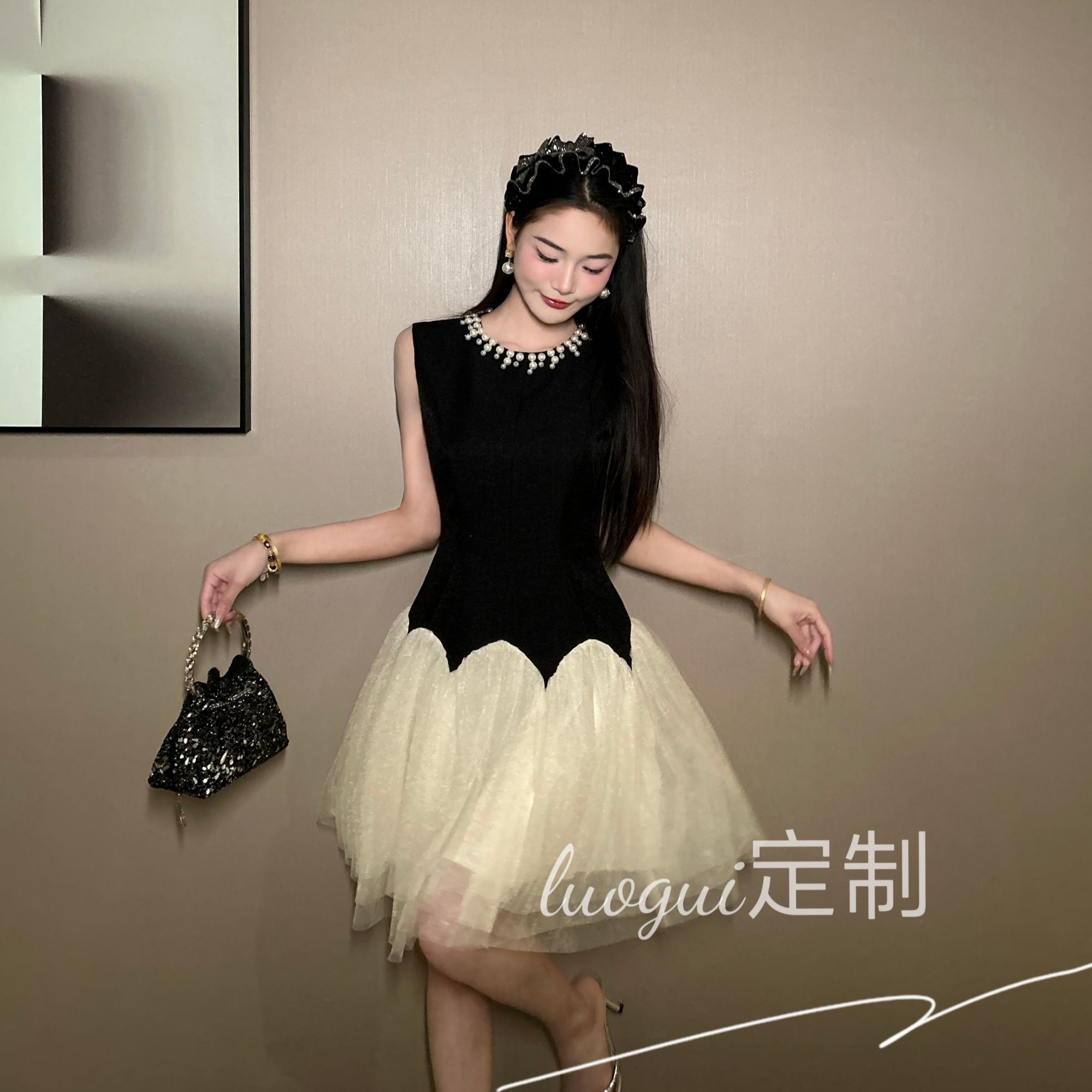 【花花原创】时尚复古法式收腰气质宴会轻奢名媛拼接连衣裙9782