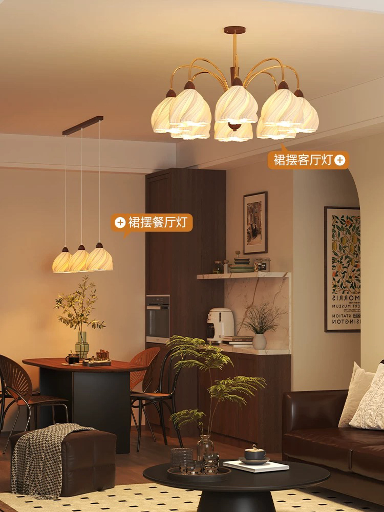 胡桃木奶油复古中古风装饰主卧室吊灯泡芙裙摆护眼房间温馨艺术灯