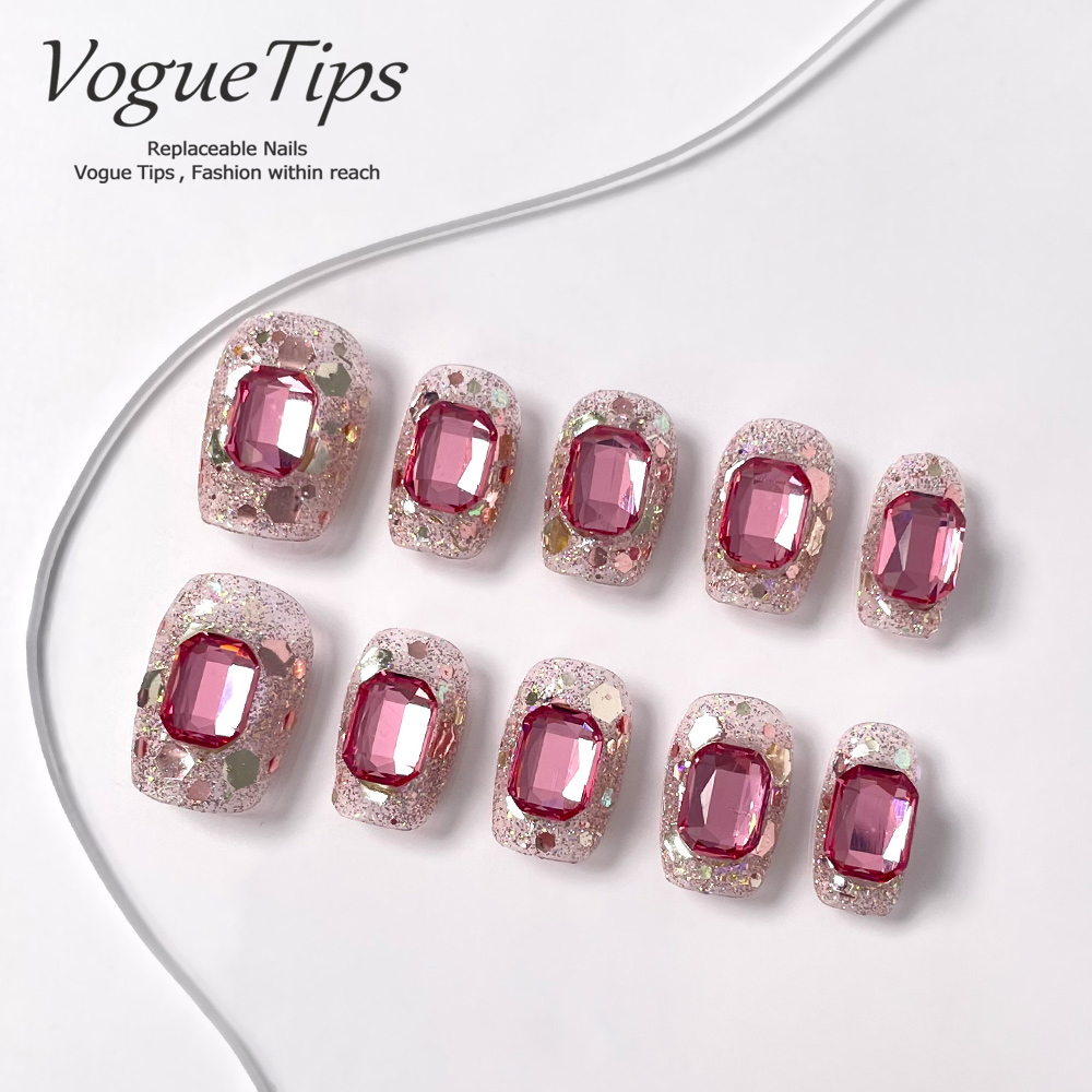 VogueTips 紫莓星穿戴甲法式粉色爆闪方钻手工美甲片短芭蕾ZB675