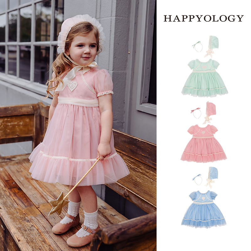 Happyology儿童春夏装网纱蕾丝拼接裙子女童蝴蝶结童装连衣裙z