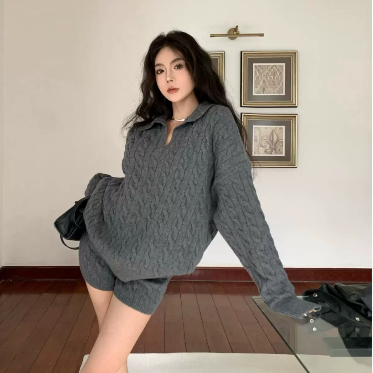 POLO领韩系麻花毛衣短裤两件套装女秋冬慵懒风针织套装时尚