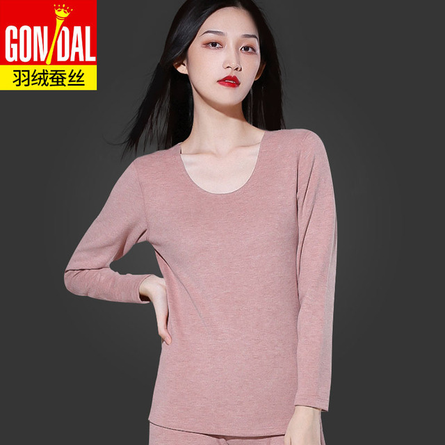 冠得女士秋冬天保暖内衣羽绒蚕丝带护膝加厚加绒秋衣秋裤土一套装