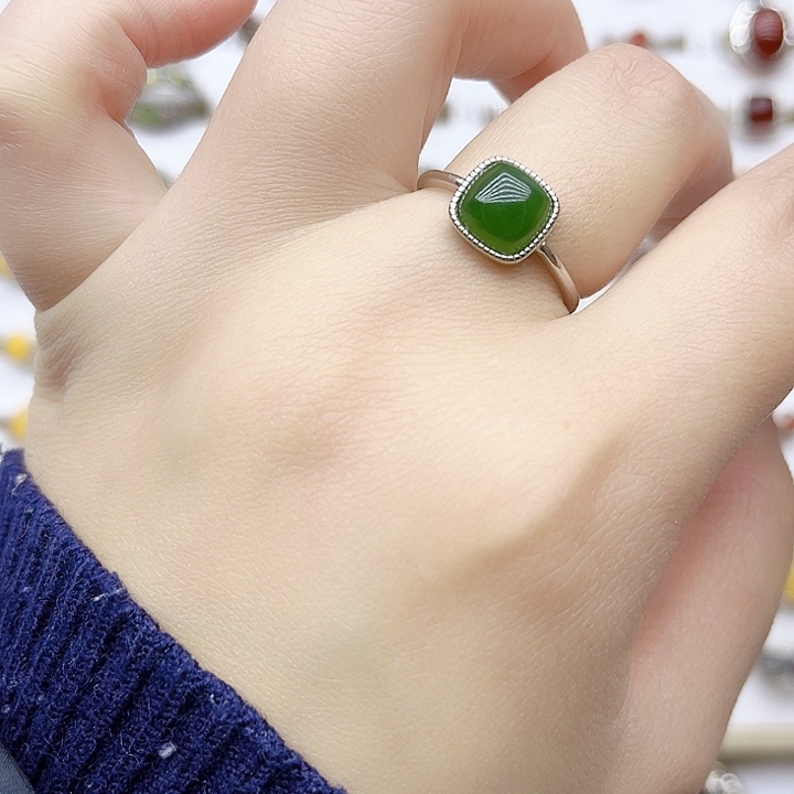 和田玉戒指银S925镶嵌天然