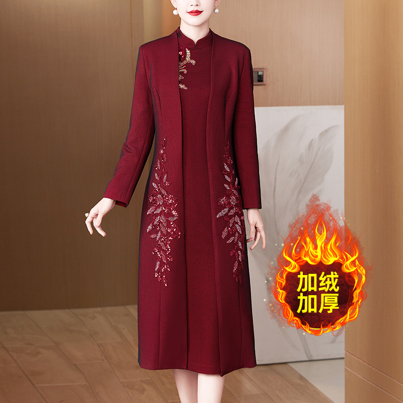 婚礼喜婆婆婚宴装红色大衣秋冬款旗袍高贵两件套结婚妈妈礼服外套