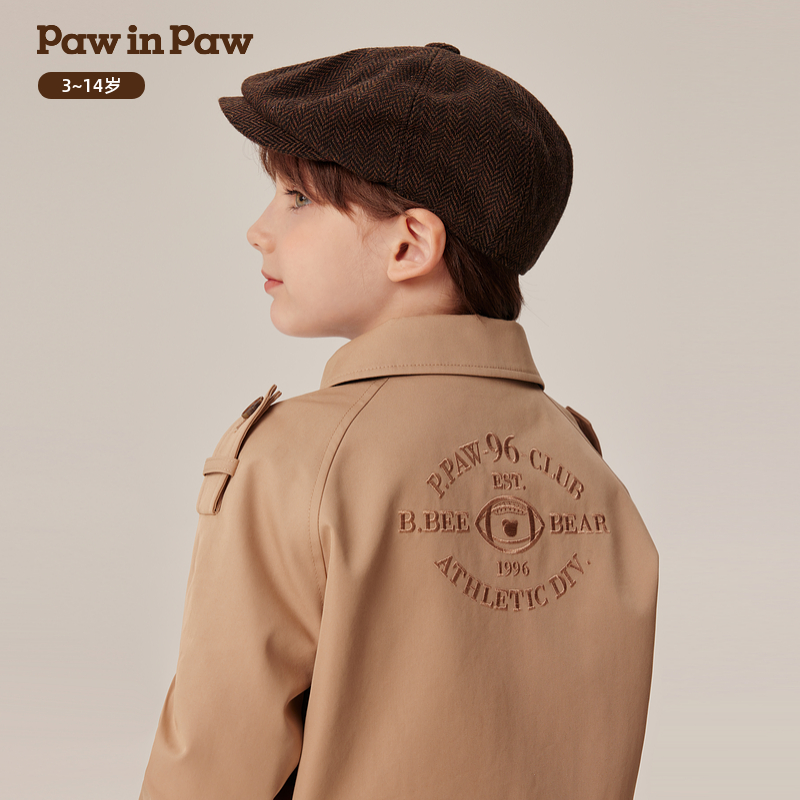 PawinPaw卡通小熊童装秋冬男童简约大方风衣复古风外套