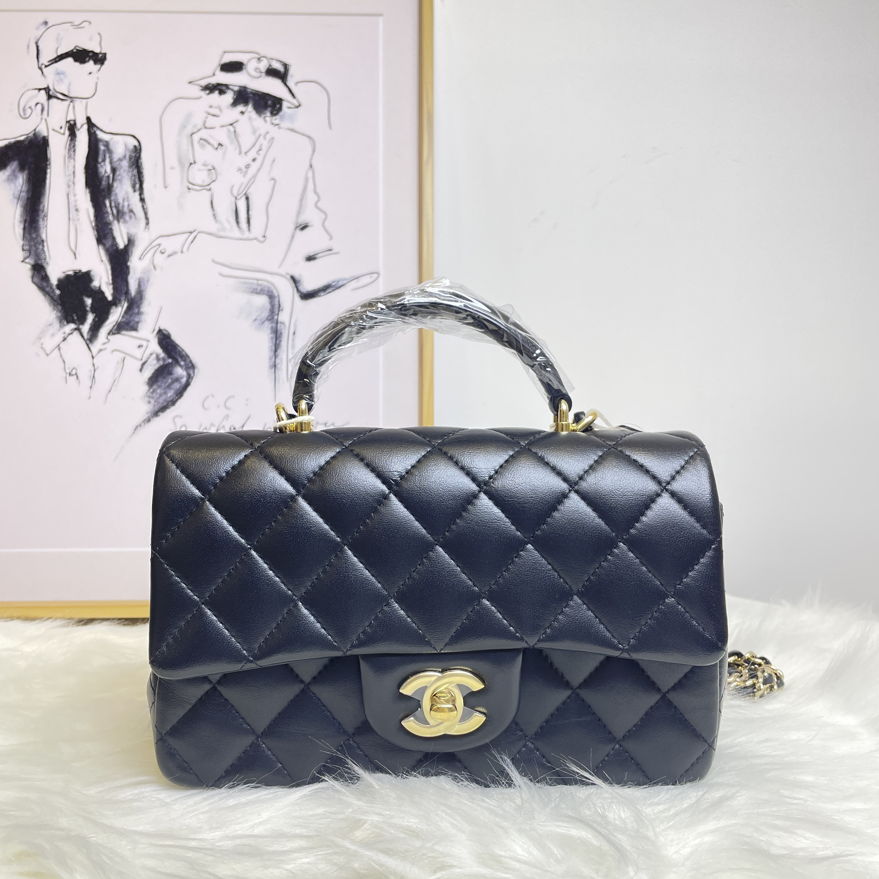 99新 Chanel/香奈儿 21K黑金羊皮手柄大mini