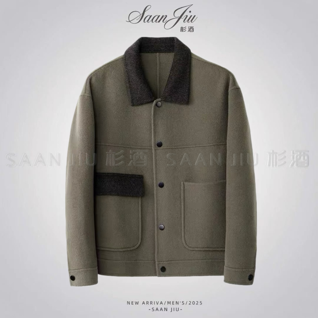 杉酒【100%羊毛猎装夹克】秋冬高级感撞色翻领双面呢男士夹克