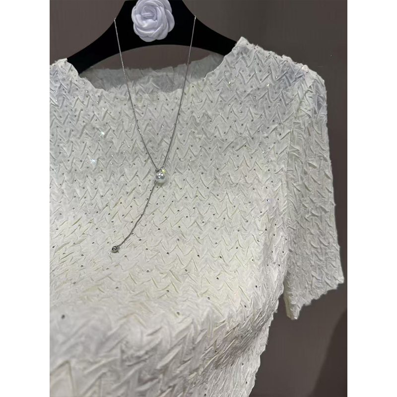 花花轻奢（塞上江南）重工烫钻手工褶显瘦修身女士短袖上衣4