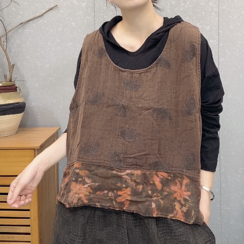 【云吖】韩版复古休闲宽松遮肉显瘦刺绣拼接炒色背心马甲