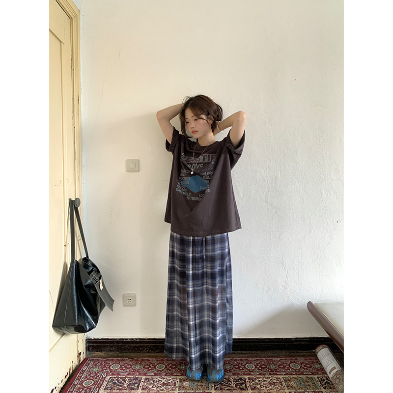 【香香的梨】简约百搭格子半身裙夏季松紧腰复古甜酷中长裙女XL0007