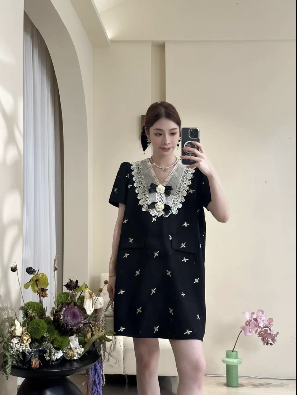 十一原创【黑白梦境】连衣裙 刺绣拼接微胖显瘦气质时尚