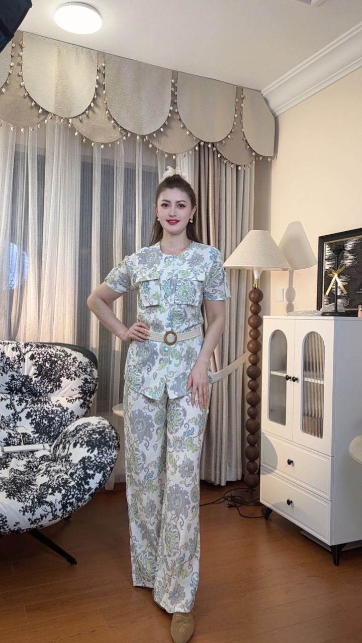 韩系复古印花上衣直筒裤阔腿裤女套装夏季新款宽松显瘦休闲套装