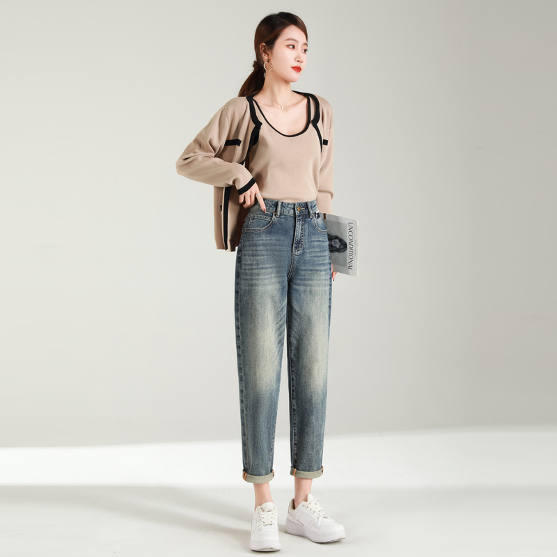 wds高端春新款时尚简约哈伦裤九分弹力棉软牛仔宽松女
