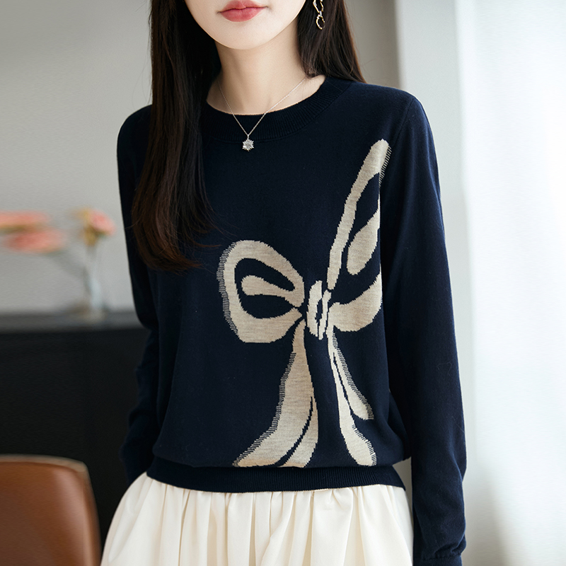 品牌正品新款圆领蝴蝶结提花针织衫2025秋冬时尚百搭洋气长袖上衣