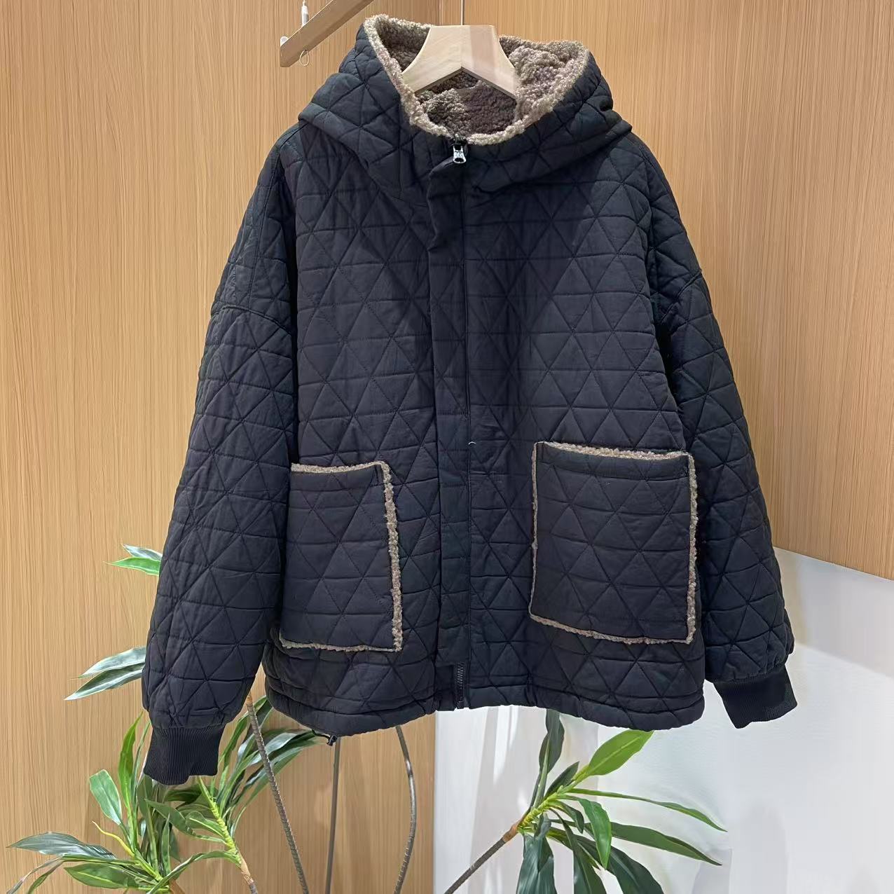 16977新款秋冬加绒加厚休闲减龄宽松菱形格上衣连帽棉服