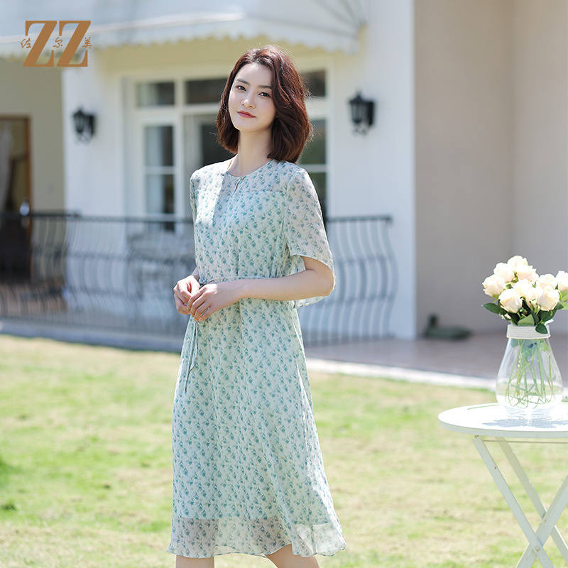 佐尔美夏季碎花名媛气质小清新显瘦桑蚕丝乔其连衣裙E12LS100