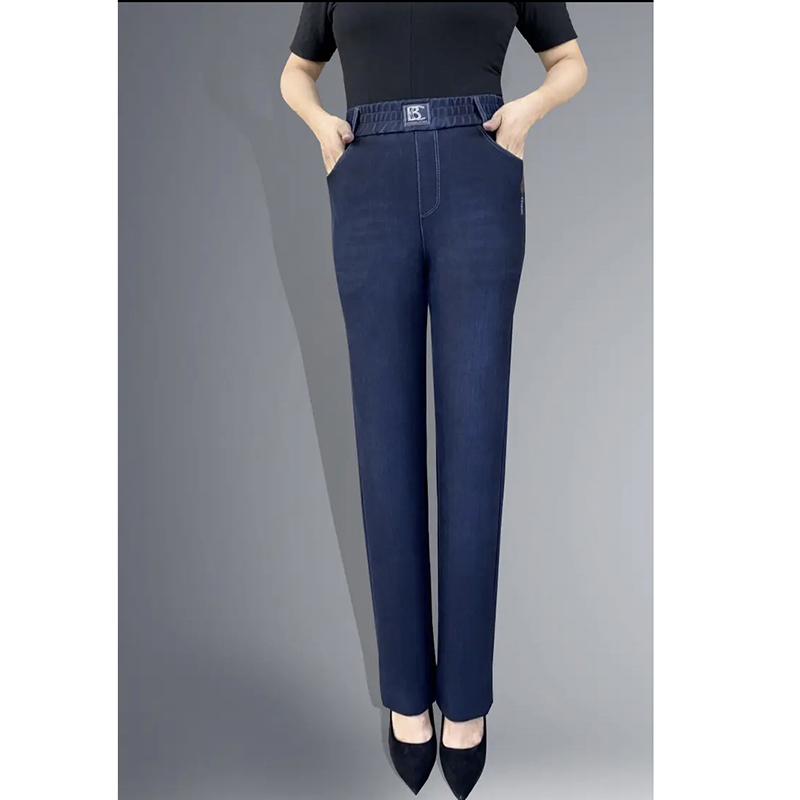 2025秋冬加绒加厚牛仔裤女刺绣休闲裤宽松大码直筒裤松紧腰长裤