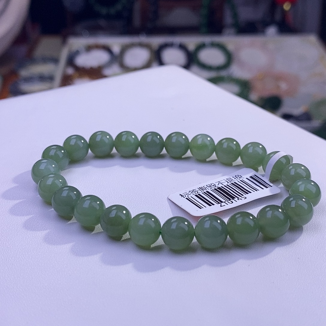 颈饰未镶嵌和田玉碧玉阳绿猫眼粉青手串8m