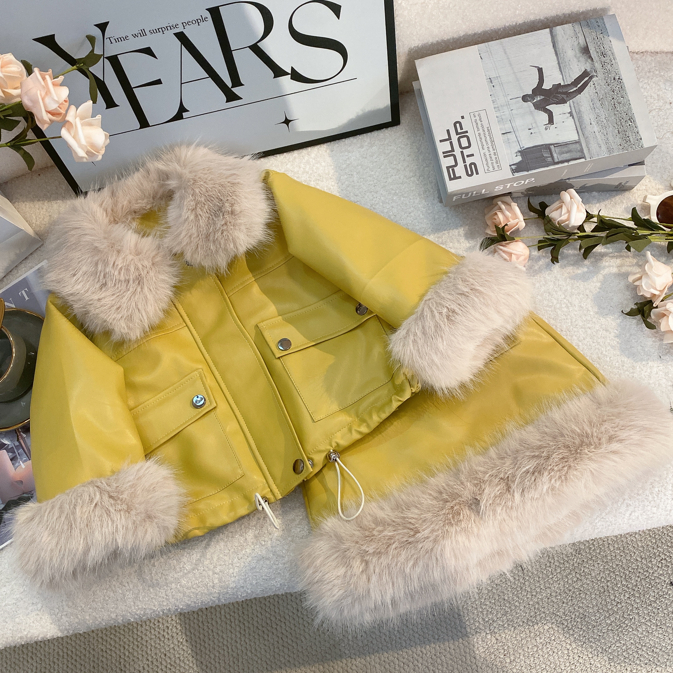 T2【悦禾】女宝时尚加绒保暖外套休闲套装冬装新款洋气皮短裙6111