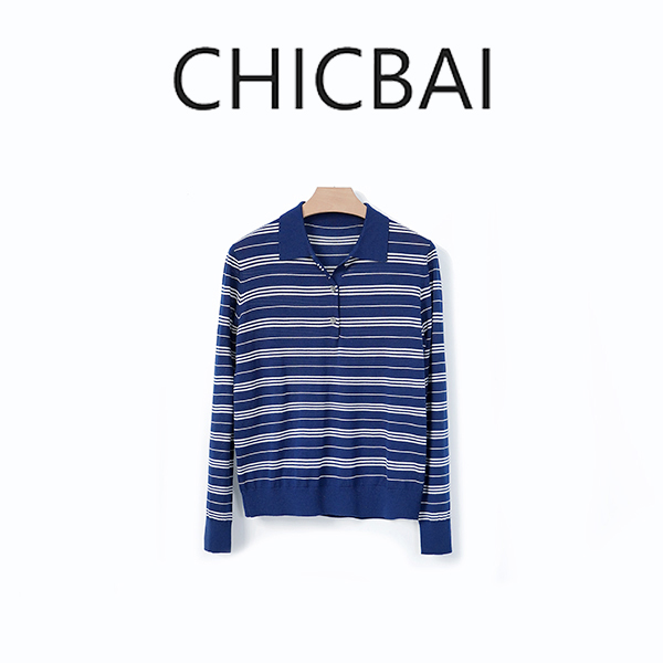 CHICBAI 时髦miu风 美丽诺羊毛撞色条纹针织长袖POLO衫